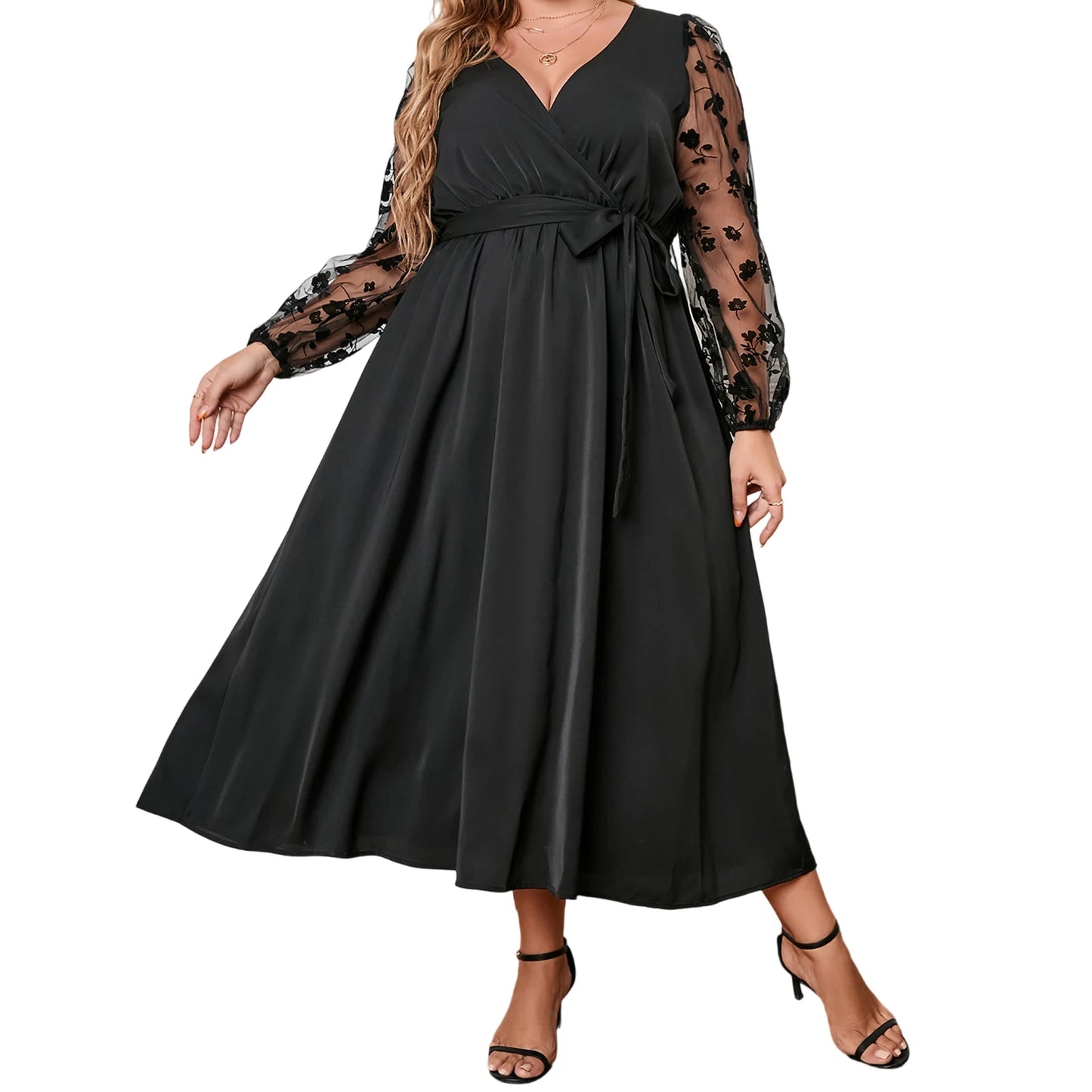 Women s Plus Size Satin Dress Embroidered Lace Long Sleeve Wrap V-Neck A Line Dress with Belt for Spring Fall Wedding Party