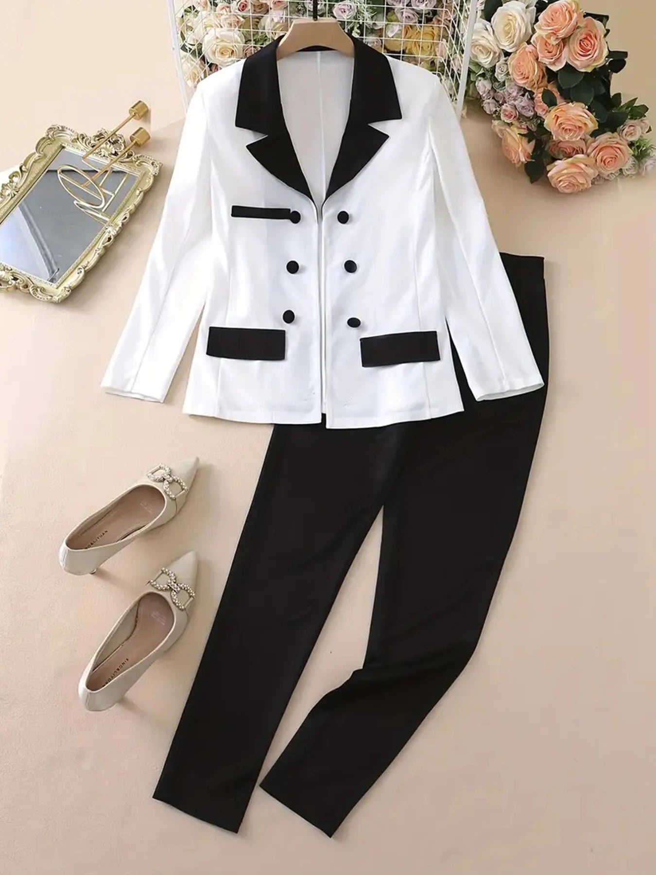 Women's Gradient Color and Snake Print Business Casual Two-Piece Suit Set, Double Breasted Long Sleeved Lapel Suit Jacket and Hi