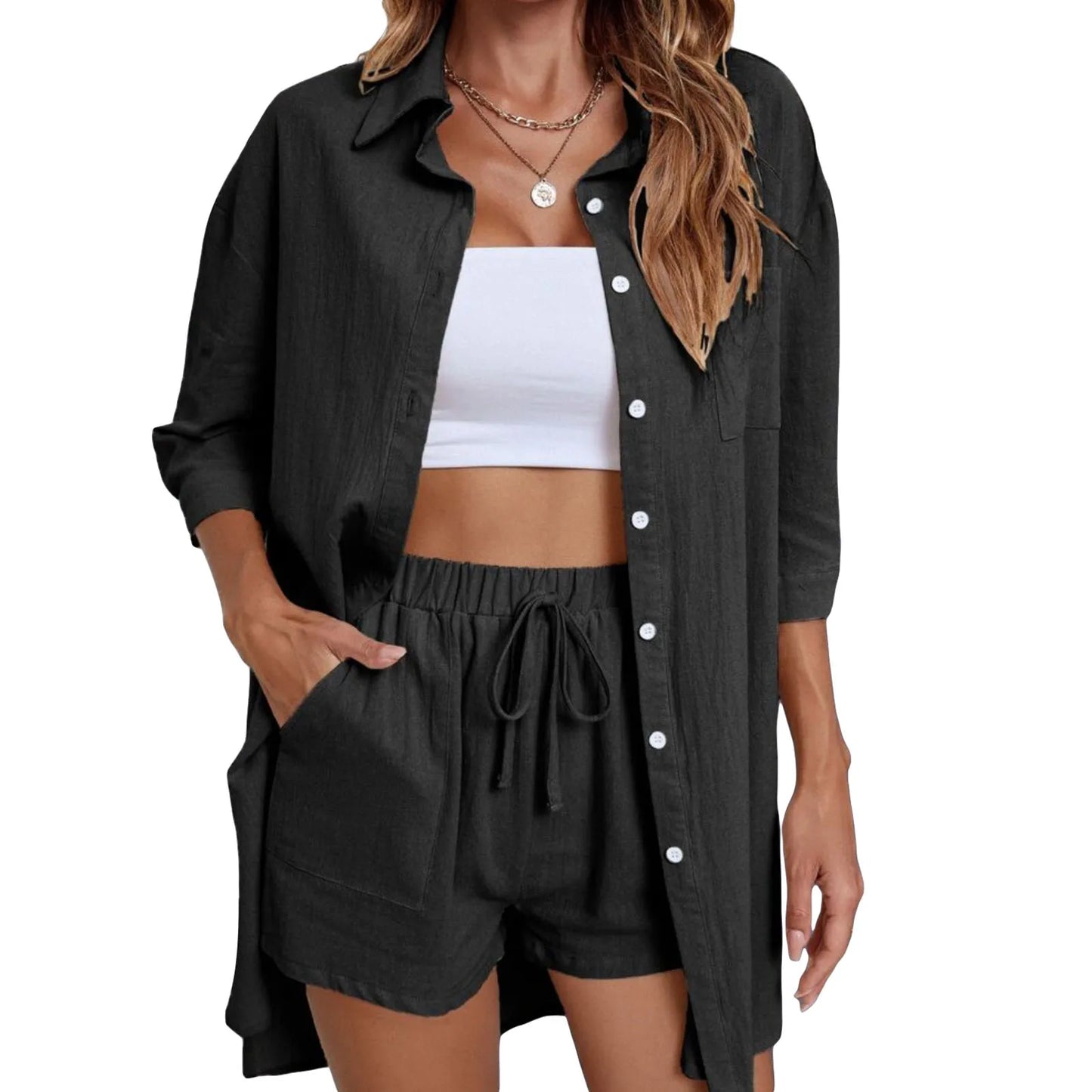 Women’s Casual 2 Piece Outfits Fashion Short Sleeve Button Down Oversized Shirt Shorts Set Loungewear