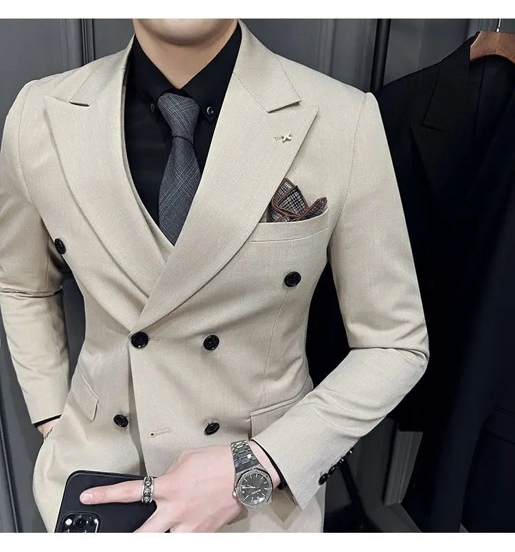 Men's 3 Piece Double‑Breasted Suit Set Slim Fit Solid Color Business Casual Wedding Party Jacket Vest Pants Male Formal Outfit