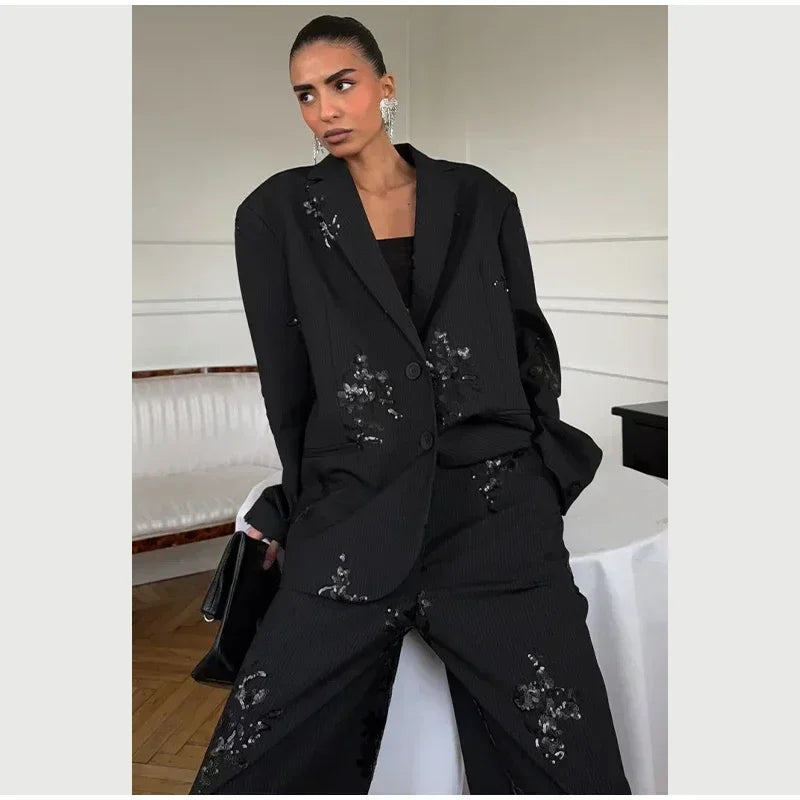 Women Black Floral Print Sequin Embroidery Two-piece Pant Suit Oversized Blazer Wide Leg Pants Formal Evening Matching Outfit