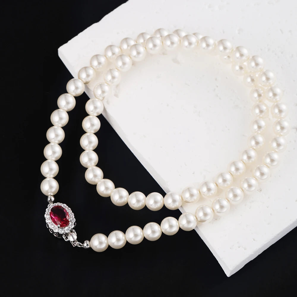 Vintage Red Shiny Crystal Pearl Necklace for Women Light Luxury S925 Sterling Silver Banquet Collarbone Sweater Chain USA Stock