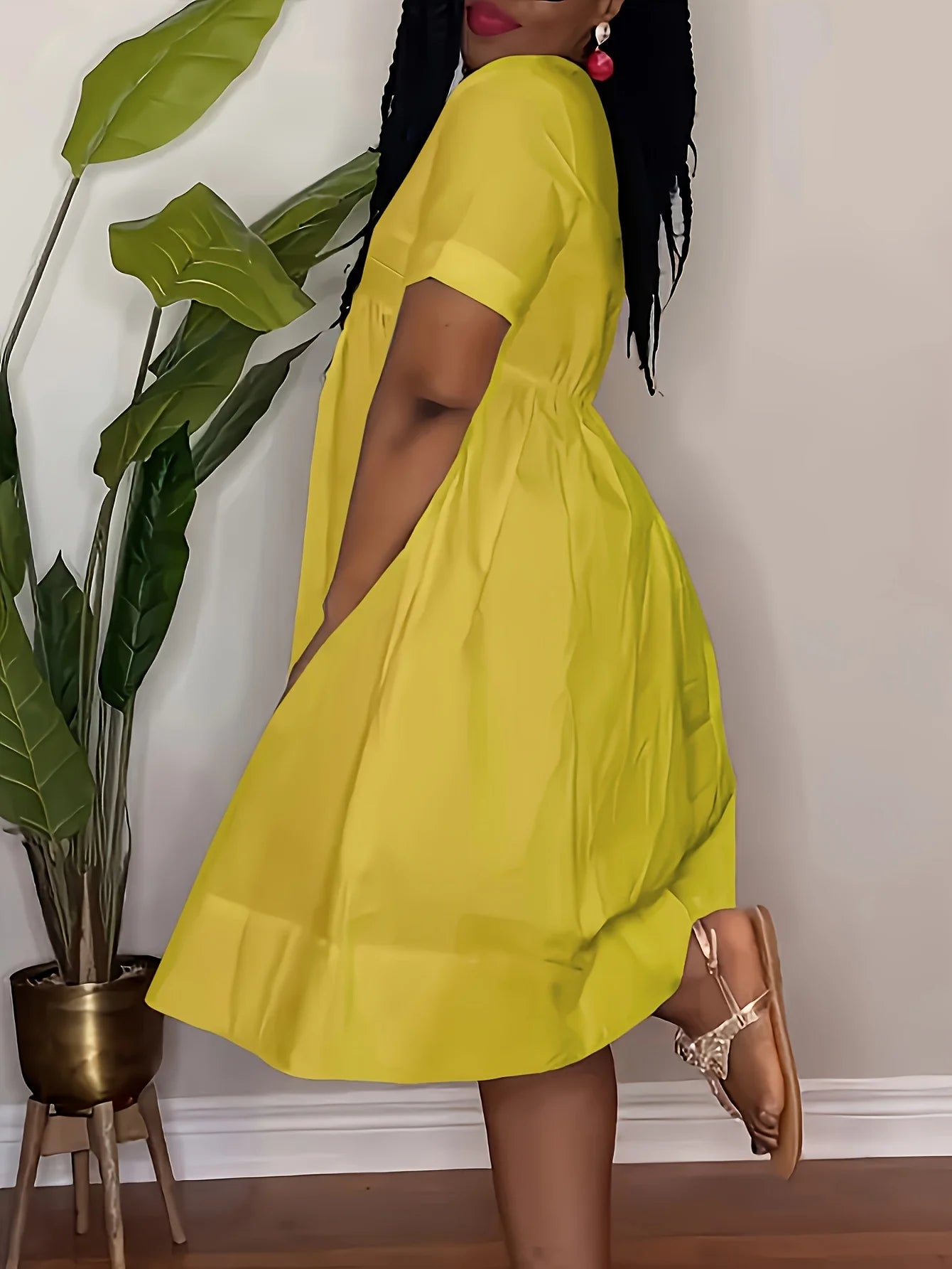 Casual Short Sleeved V-neck Waist Cinched Loose Vacation A-line Shirt Skirt