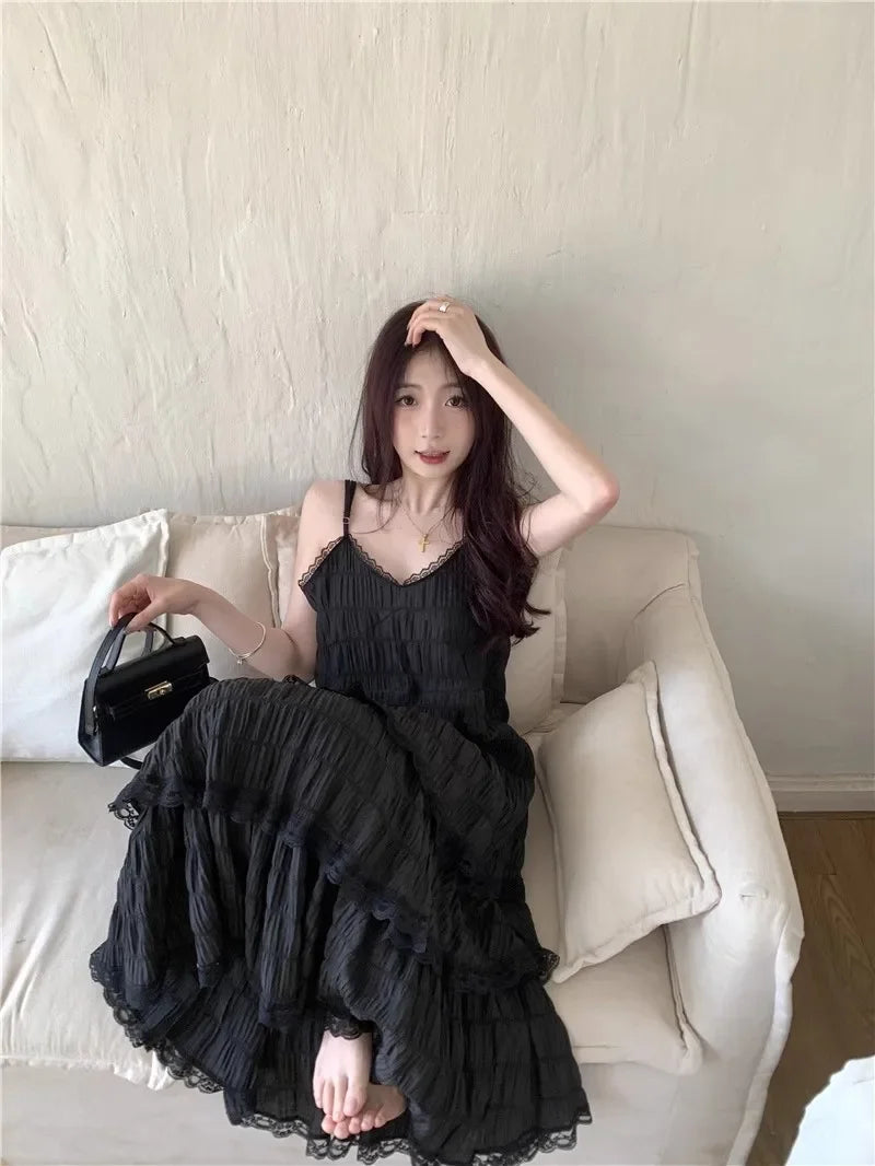 Summer  Long Vintage Casual Ruffles Elegant Maxi Strap Camis Silky Beach Lace Elegant Party Dress Vestidos Sexy Women