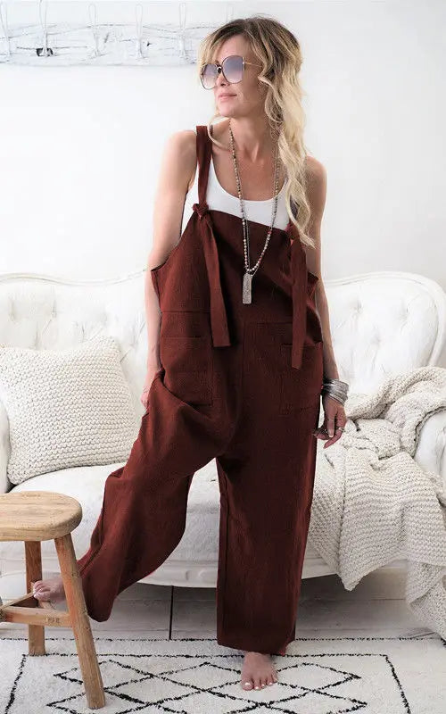 Women s Stylish Relaxed Fit Dungarees Adjustable Strap Sleeveless Jumpsuit Fashionable Wide Leg Retro Suit