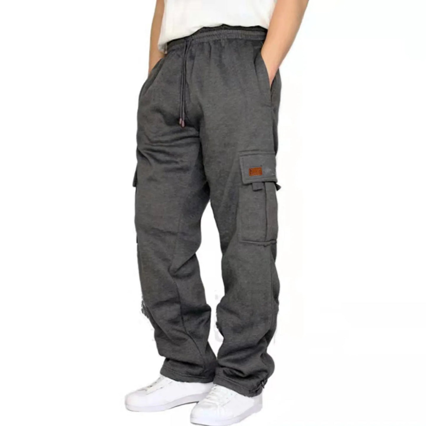 New Pants Male Fitness Running Trousers Drawstring Loose Waist Solid Color Pocket Loose Fleece Work Attire Leisure Sports