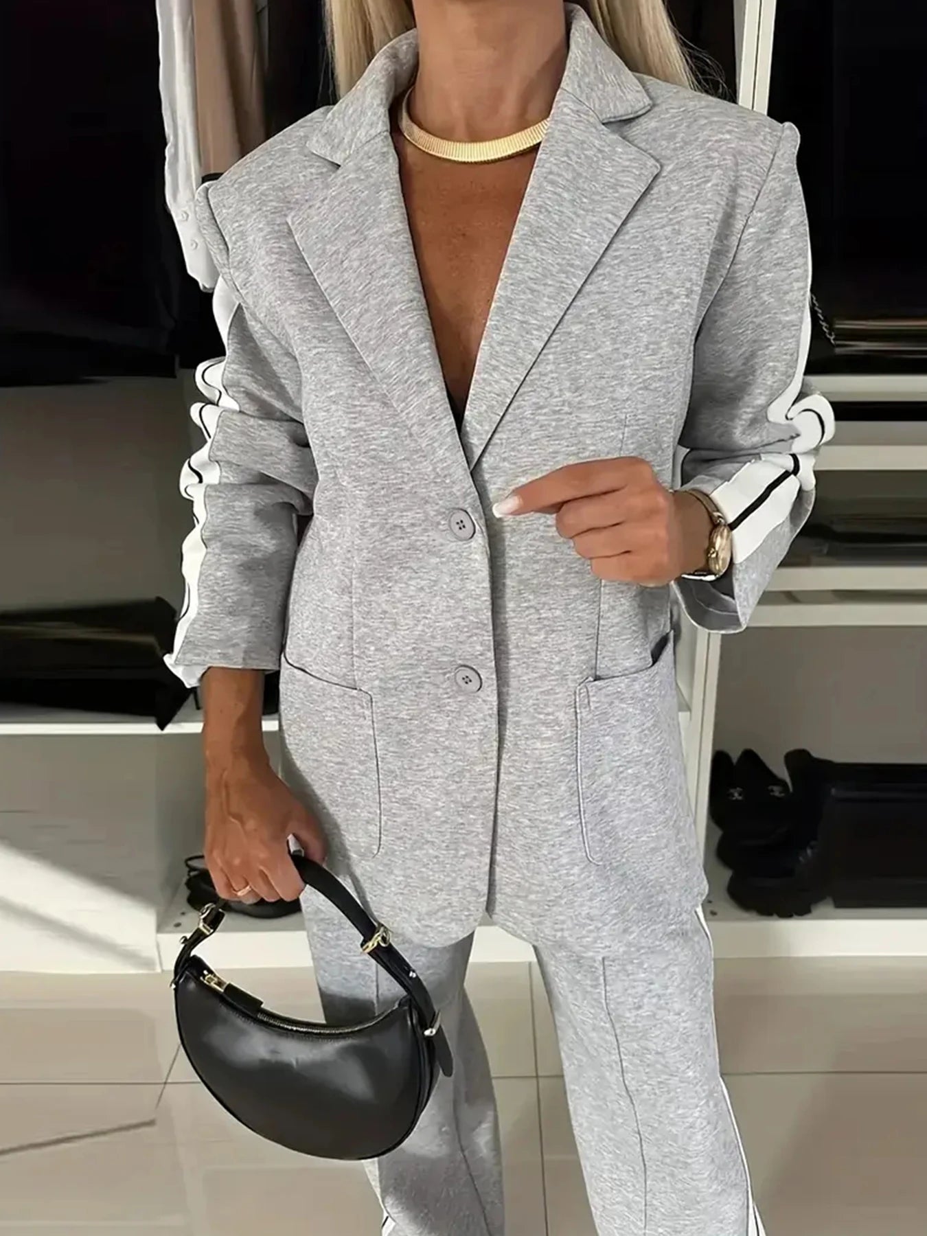 Women's Elegant Side Striped Two-Piece Suit Set, Single Breasted Long Sleeved Lapel Suit Jacket and High Waisted Straight Leg Wi