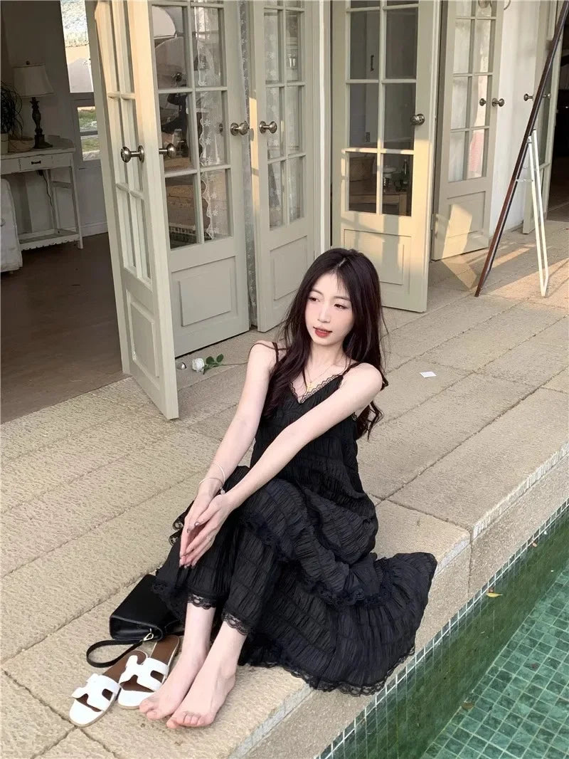 Summer  Long Vintage Casual Ruffles Elegant Maxi Strap Camis Silky Beach Lace Elegant Party Dress Vestidos Sexy Women