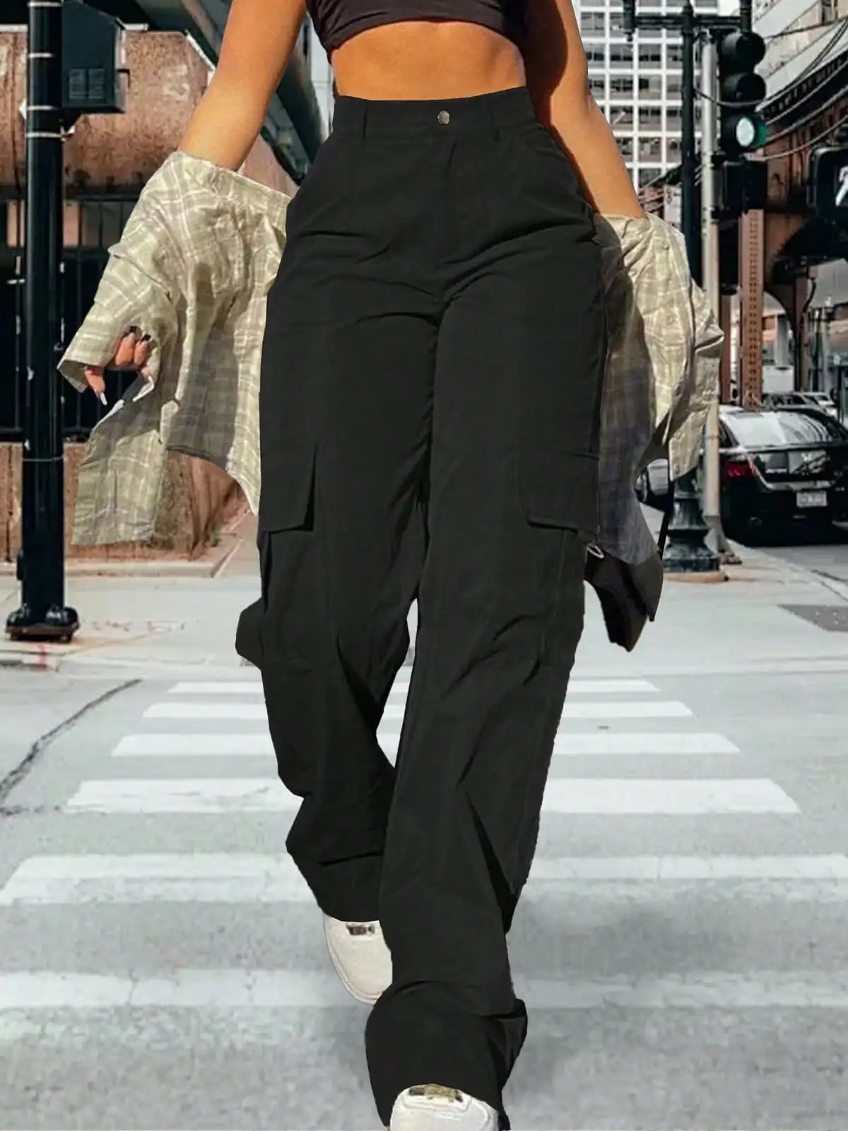 2025 Newest Women's High-Waisted Cargo Pants Y2K Loose Stretch Straight Wide Leg Pants with Pocket Casual Work Pants Streetwear