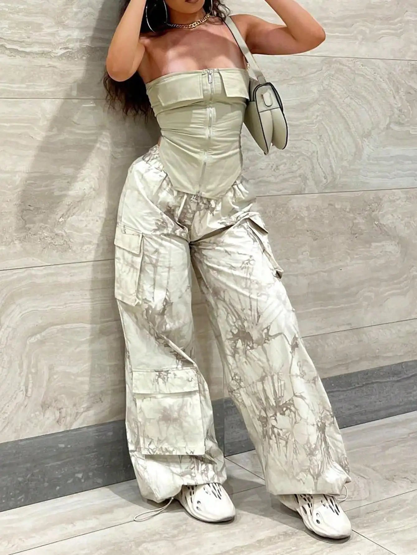 2025 Women's 2 Piece Outfit Set Tube Top Crop Top  Wide Leg Cargo Pants with Pockets Summer Streetwear Casual Wear