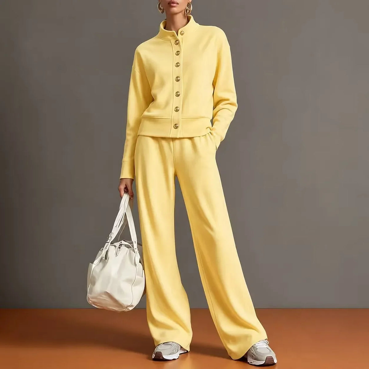 Women 2Pcs Outfit Set Stand Collar Button Sweatshirt Wide Leg Pants Casual Loose Tracksuit Loungewear for Daily Street & Holiday