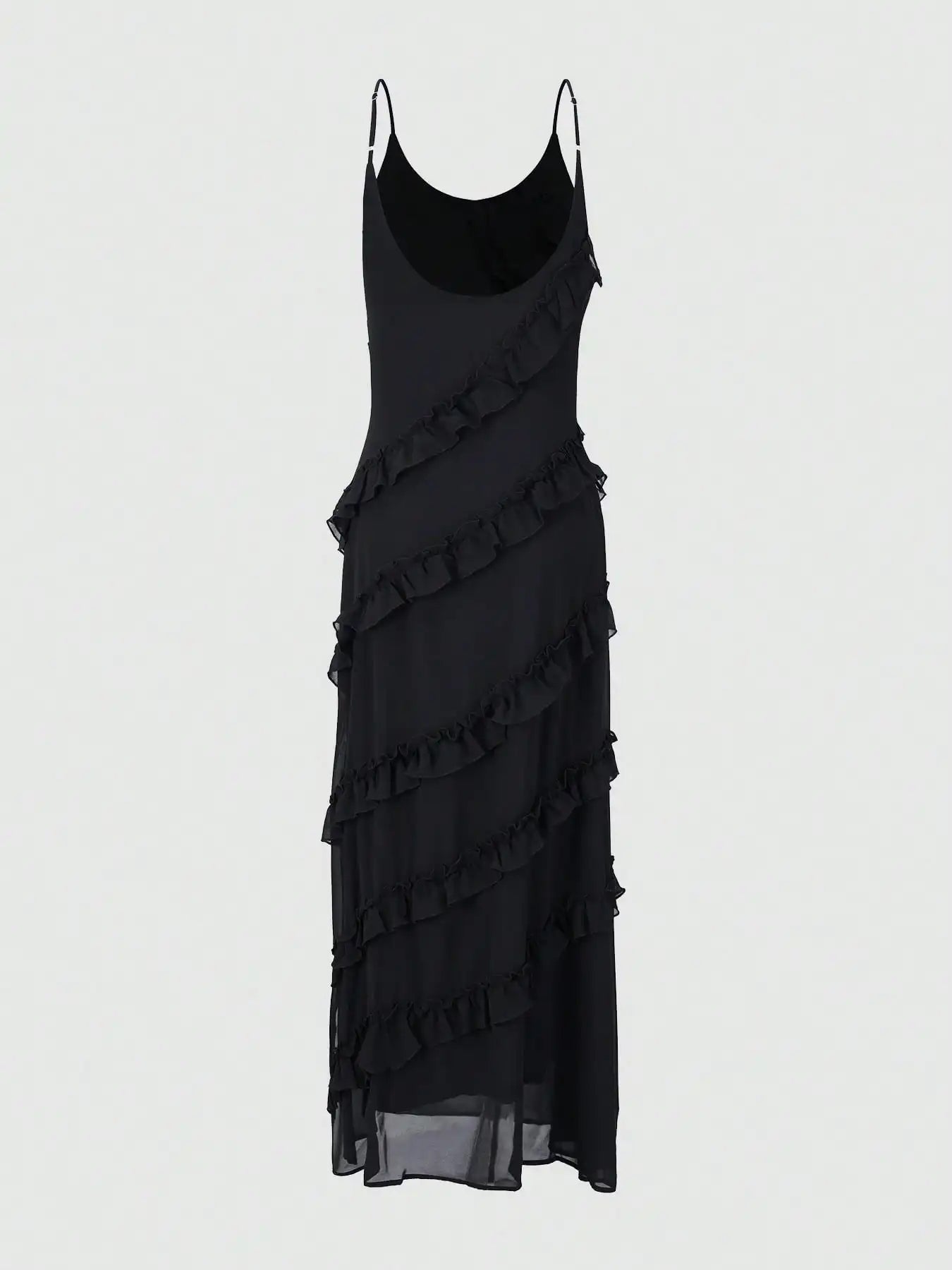 2025 Newest Women's Black Chiffon Sexy Open Back & V-Neck Spaghetti Straps, Ruffled Maxi Bodycon Dress New Year Women's Dress