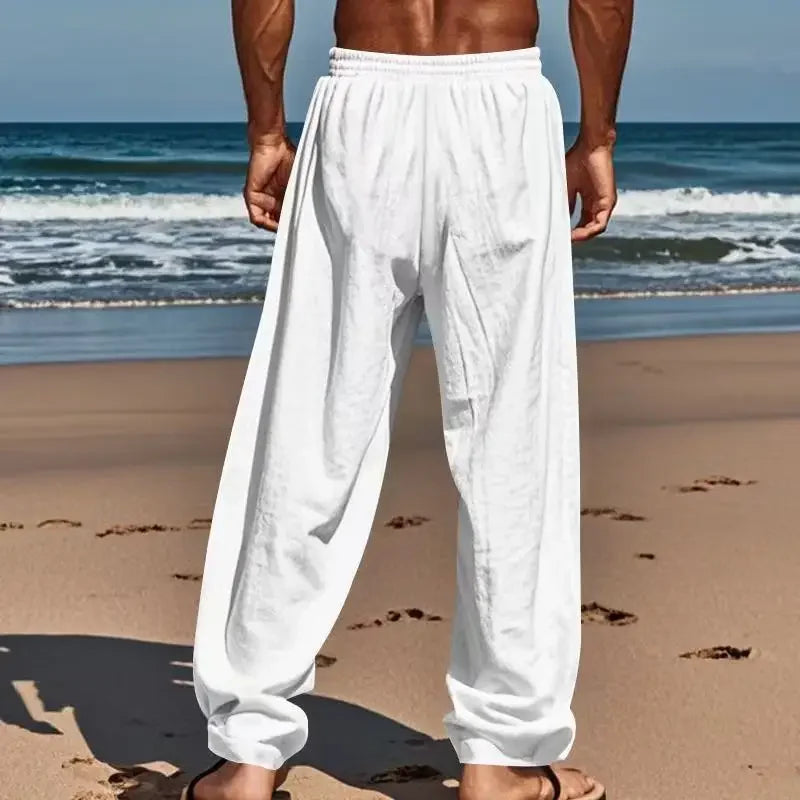 Spring and summer new men's solid-color cotton and linen casual long pants, Hawaiian beach loose sports and breathable street pa