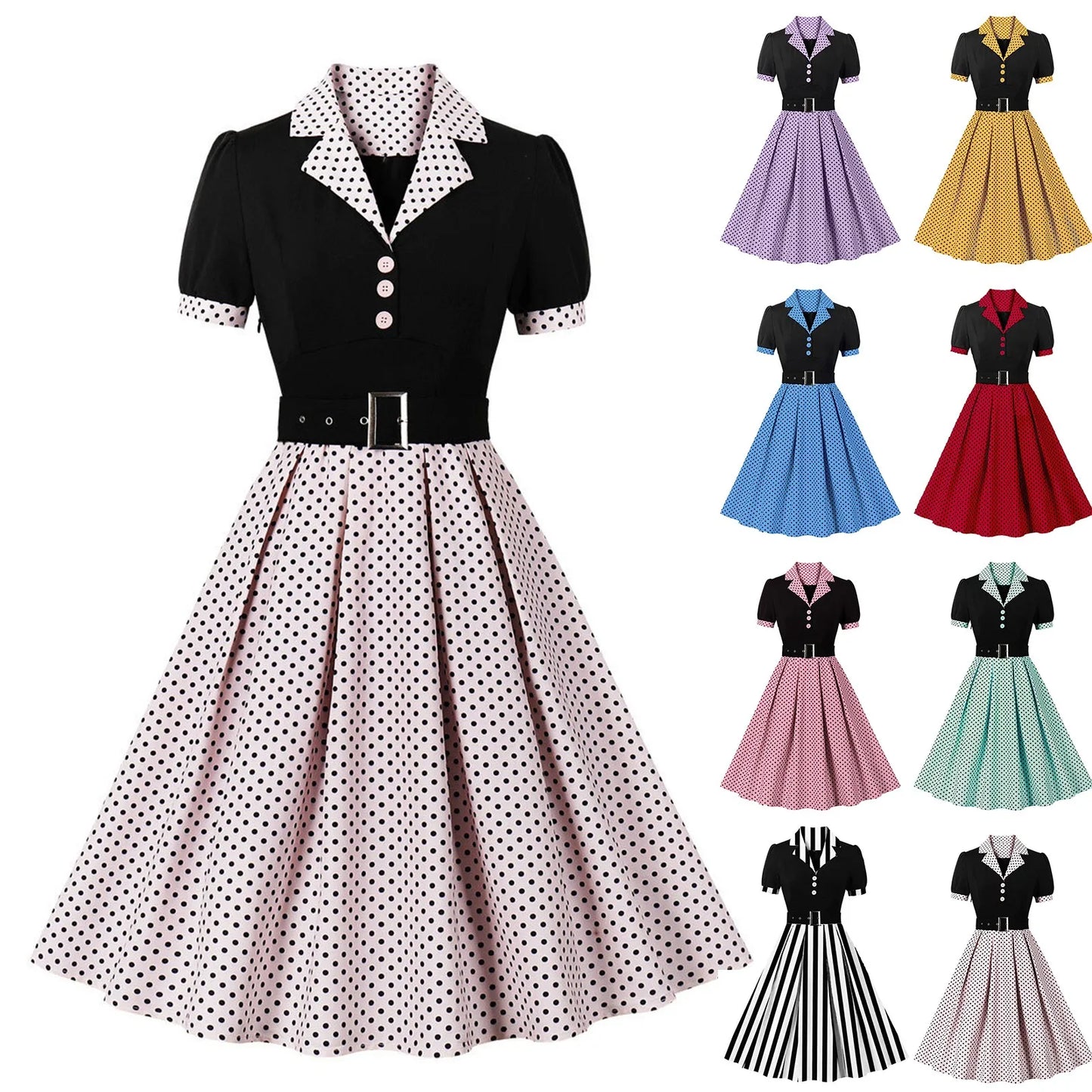Women'S Vintage Polka Dot Lapel  Short-Sleeved Belt Dress Vestidos Mujer Veranoa 2025 Robe Femme Dress Women Women Clothing
