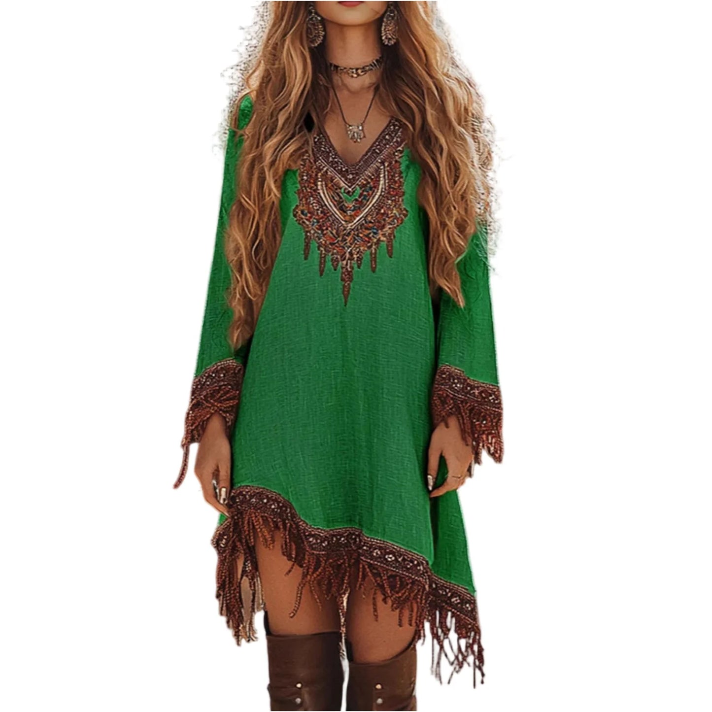 Womens Summer Dress Fashion Casual Fit Flowy Lace Loose Print Long Sleeve V Neck Dress Elegant Women'S Dresses Vestidos De Mujer