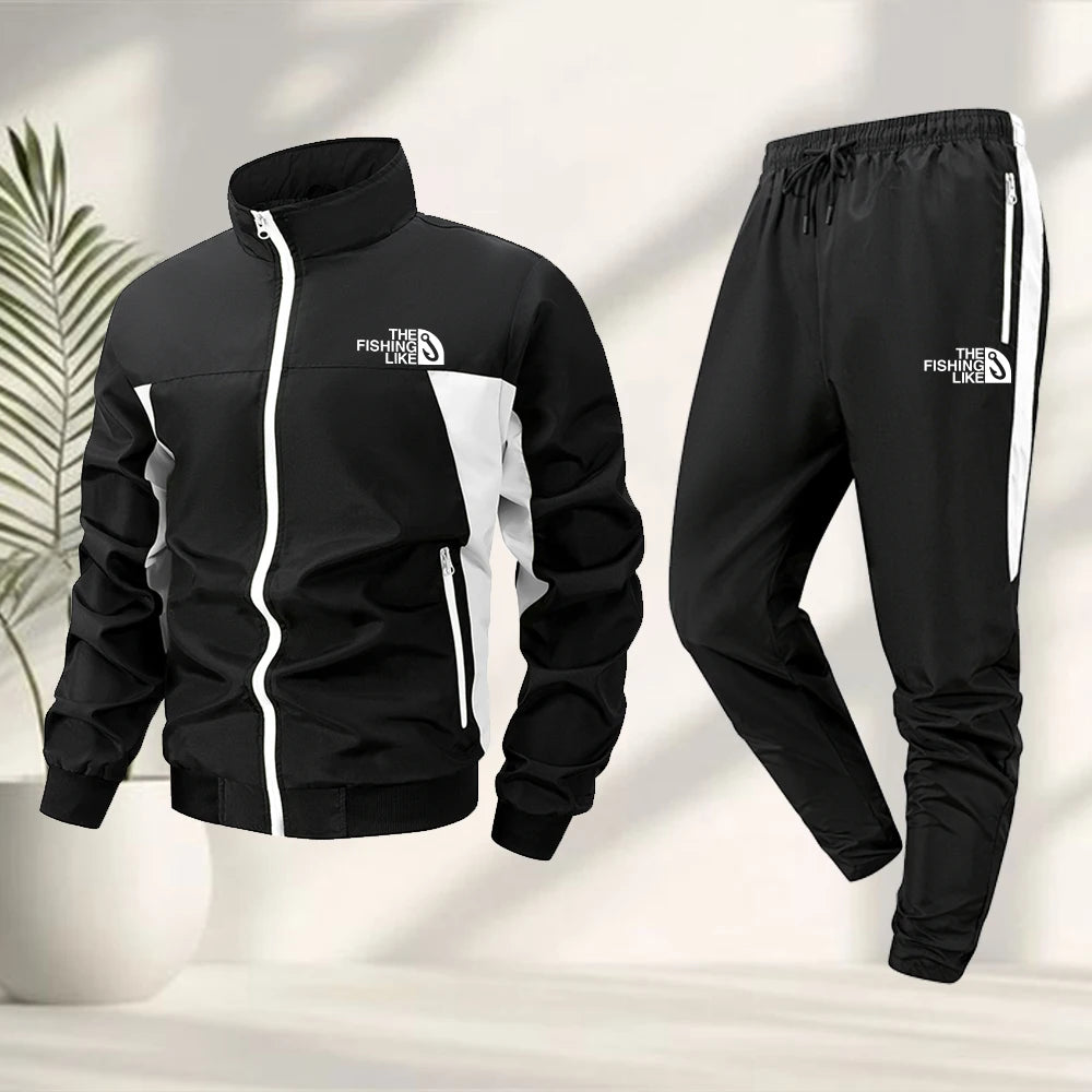 Men's Fishhook Print Tracksuit Set Stand Up Collar Jacket And Sweatpants Two Piece Set Casual Wear Fitness And Hiking Apparel