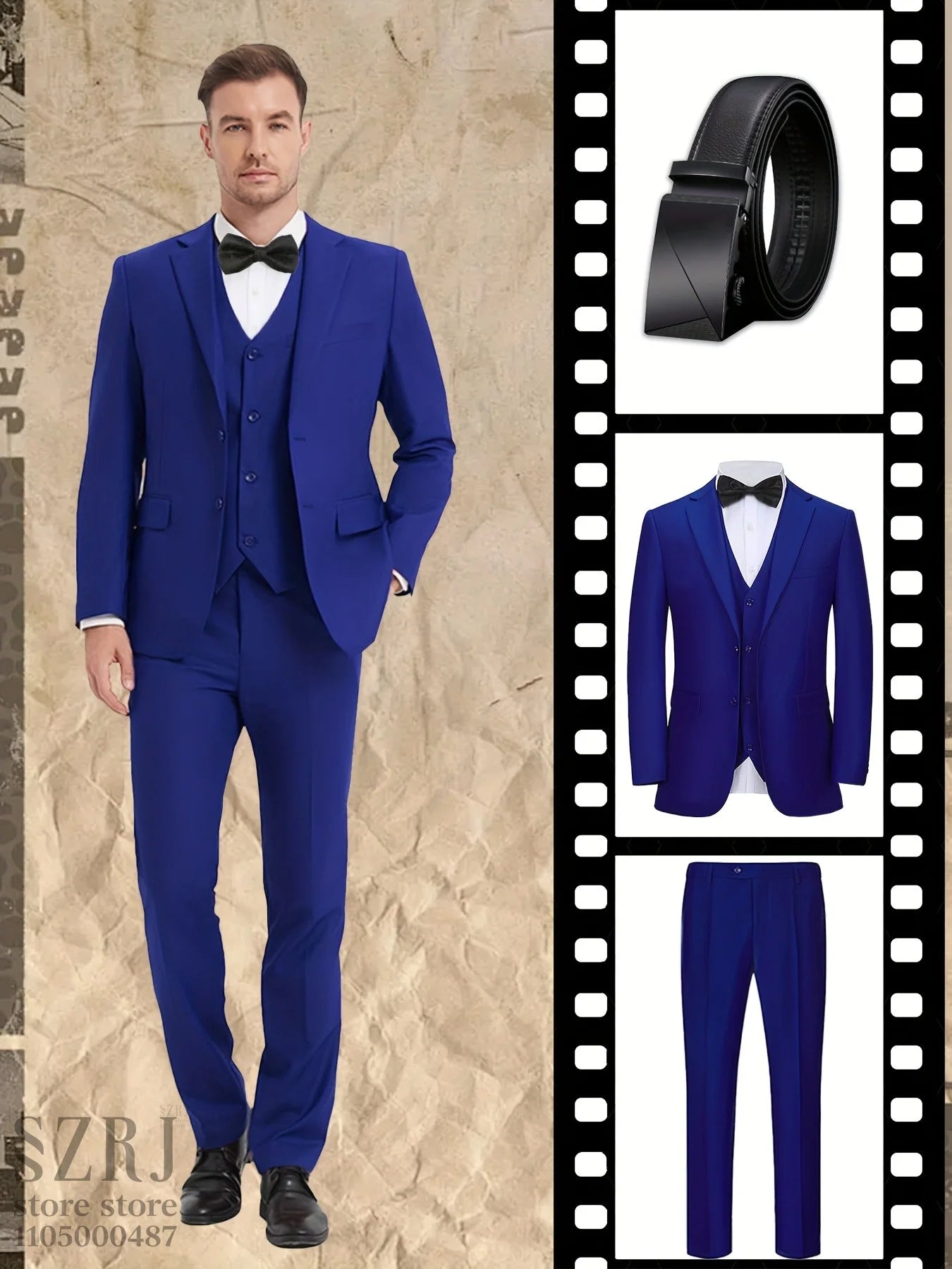 4pcs Men's Formal Suit Set: Tuxedo, Vest, Pants, Belt with .Classic Elegant Attire for Business, Party, Banquet, Job Interview