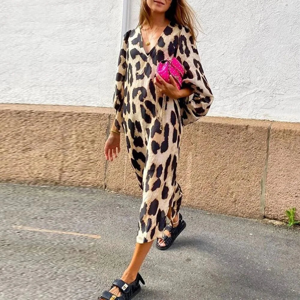 Women Dress New Spring and Summer Fashion V-neck Loose Lantern Sleeve Leopard Print Midi Dresses For Women Robe Femme Streetwear