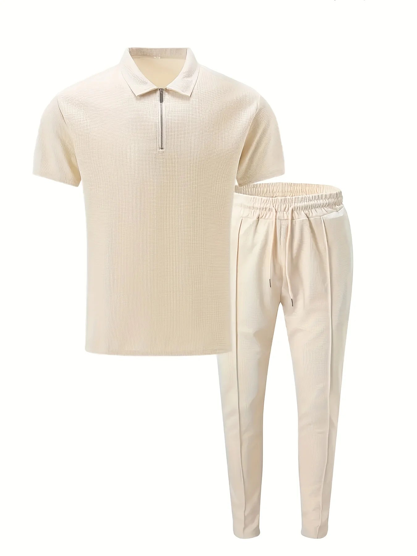 New Men's Solid Color Suit Waffle Lapel Short-sleeved Zipper Long Pants Set - The Best Choice For Casual Wea