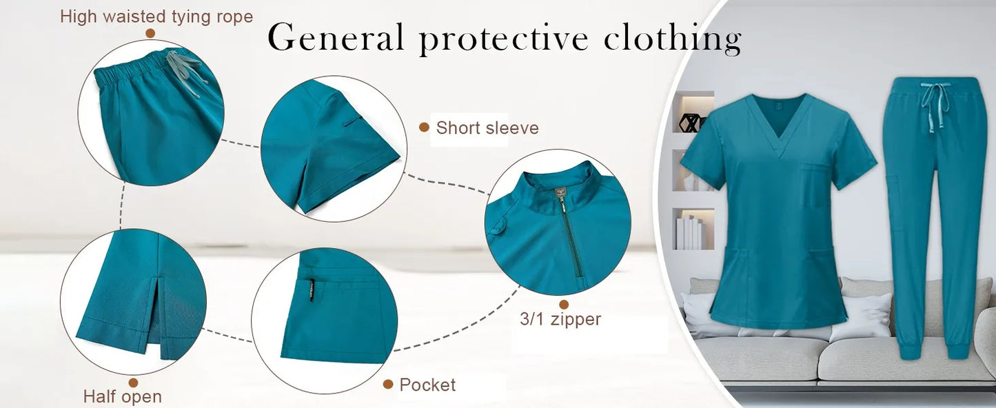 Women Two-Piece Set Solid Color Stand-Up Collar Short-Sleeve Top With Zipper Pocket And Matching Pants Professional Workwear