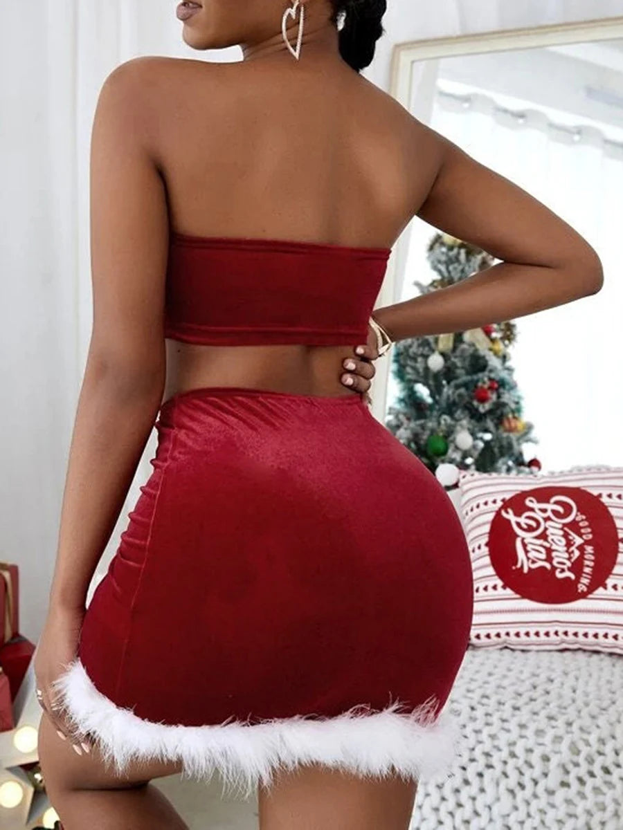 Women s Christmas Skirt Outfits Contrast Color Crop Tube Tops Bodycon Mini Skirt Lingerie