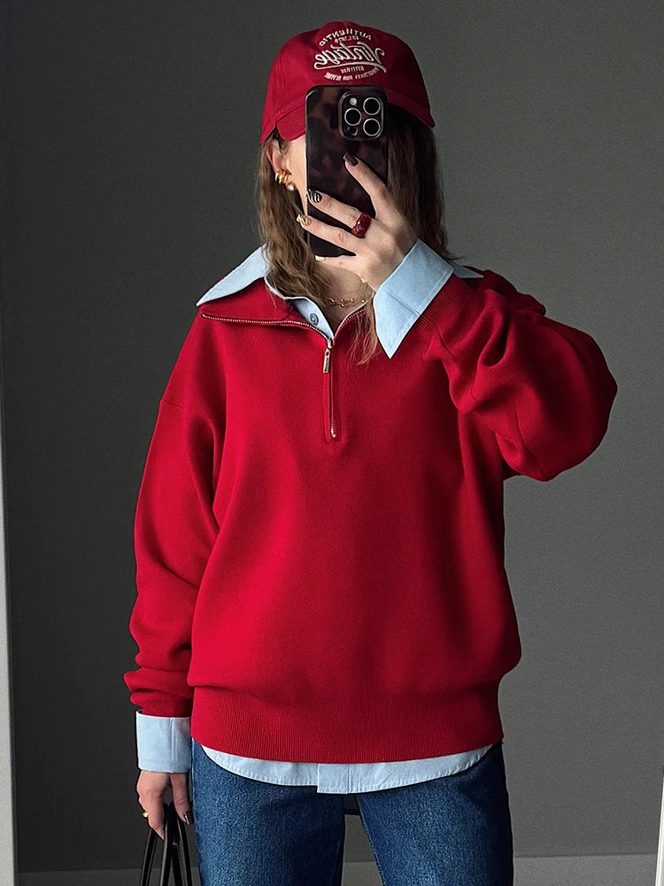 Red Zip Up Sweater Women Brown Oversized Winter Autumn Pullovers Half Zip Thick White Turtleneck Sweater With Zipper Women Warm