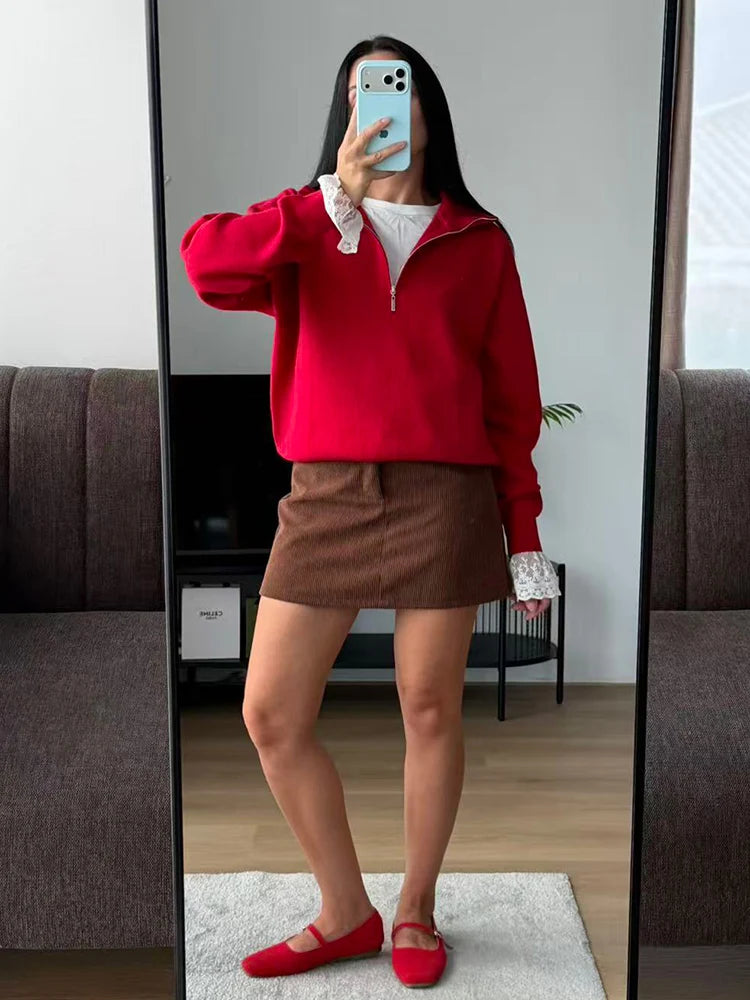 Red Zip Up Sweater Women Brown Oversized Winter Autumn Pullovers Half Zip Thick White Turtleneck Sweater With Zipper Women Warm