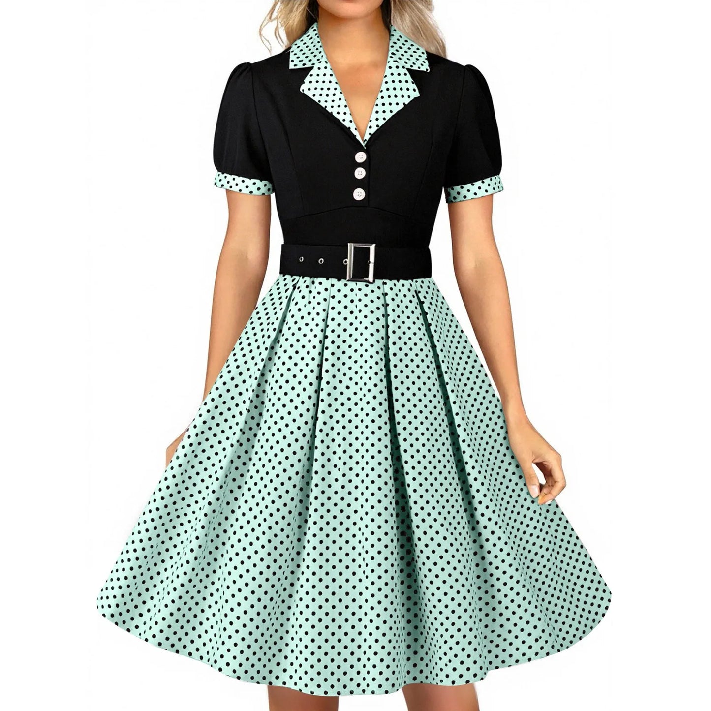Women'S Vintage Polka Dot Lapel  Short-Sleeved Belt Dress Vestidos Mujer Veranoa 2025 Robe Femme Dress Women Women Clothing