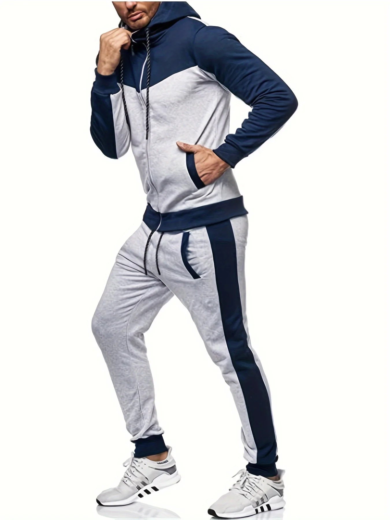 Autumn And Winter Men's Hooded Color Matching Leisure Sports Cardigan Set