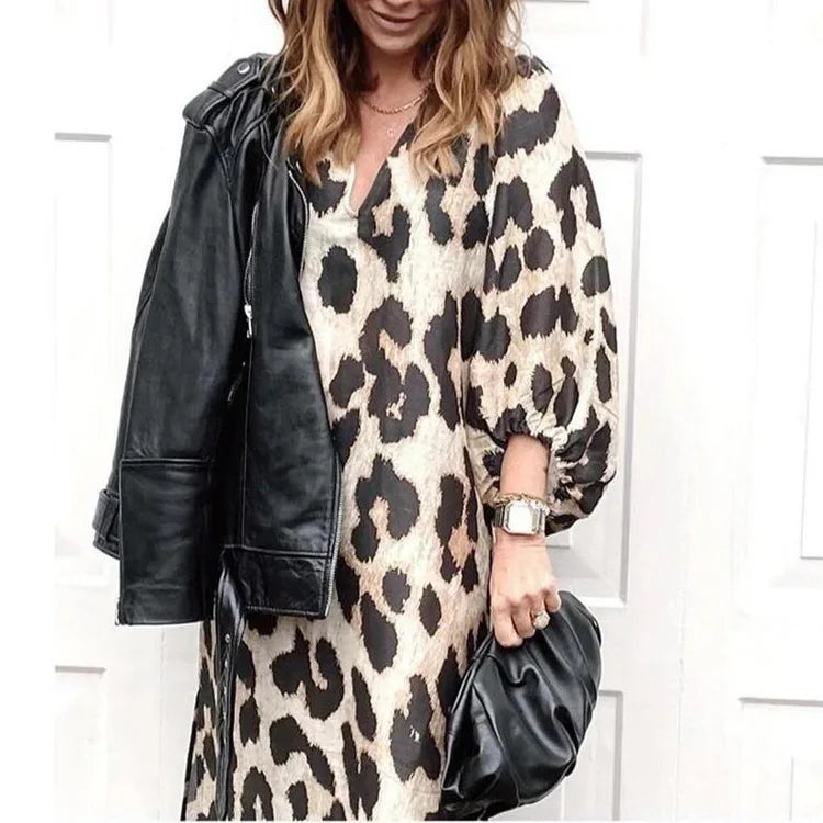 Women Dress New Spring and Summer Fashion V-neck Loose Lantern Sleeve Leopard Print Midi Dresses For Women Robe Femme Streetwear