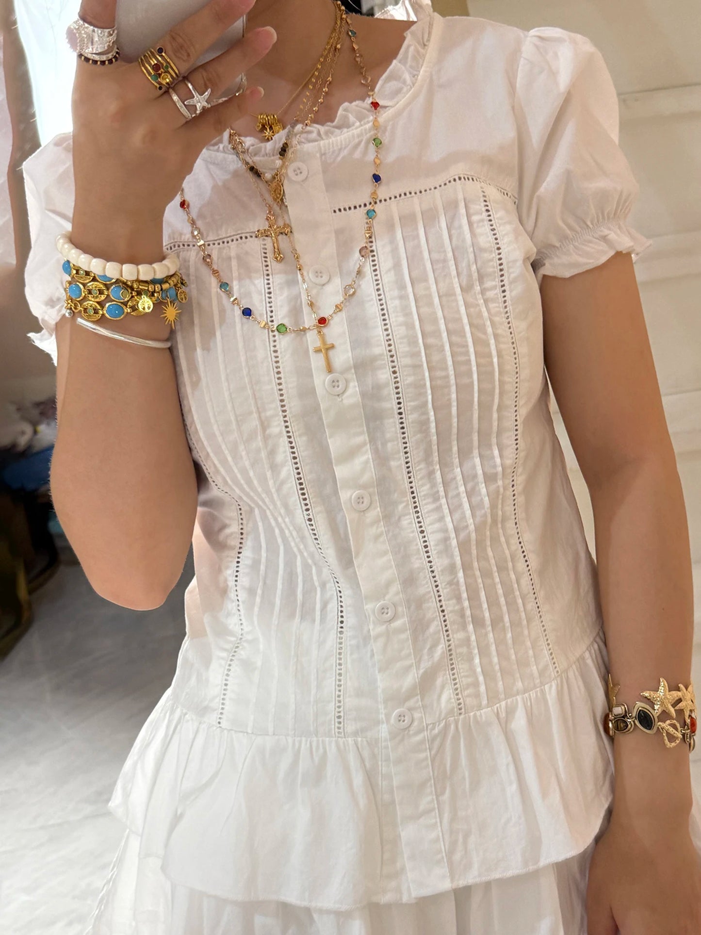 Elegant V-Neck Blouse with Flared Sleeves and Floral Embroidery Detailing Perfect for Spring and Summer Outfits