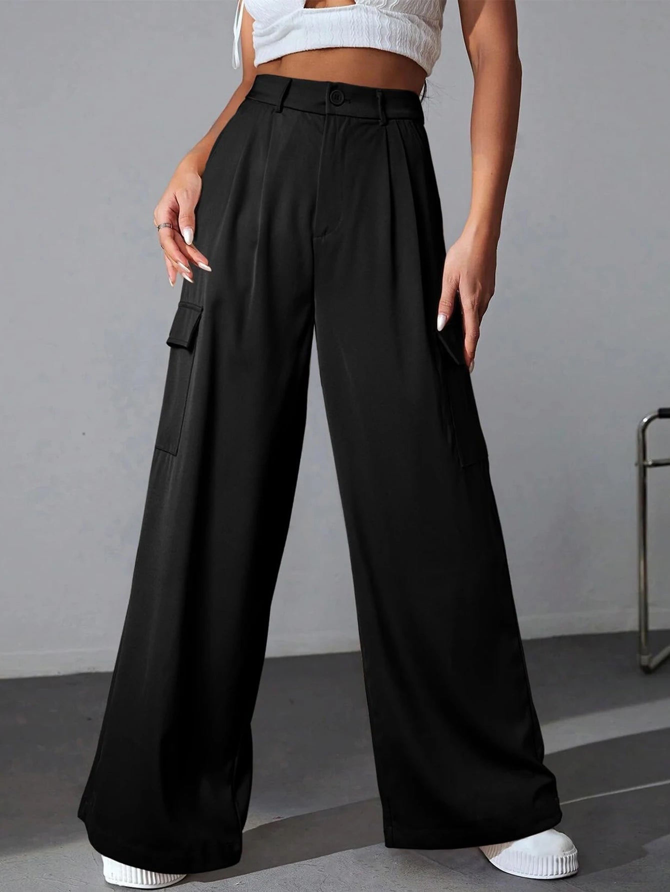 Casual High Waisted Pants for Women Loose Solid Color Versatile Wide Leg Pants with 4 Pockets Cargo Pants Black M