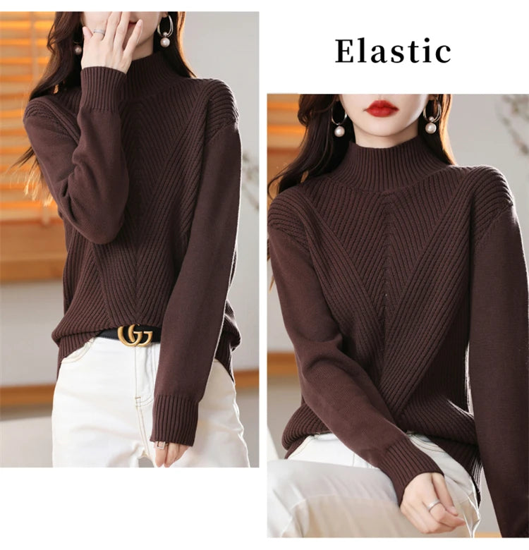 Women's 100% Pure Cotton Knitted Sweater Semi High Neck Solid Color Pullover Autumn and Winter Thick Casual Knitted Women's Top