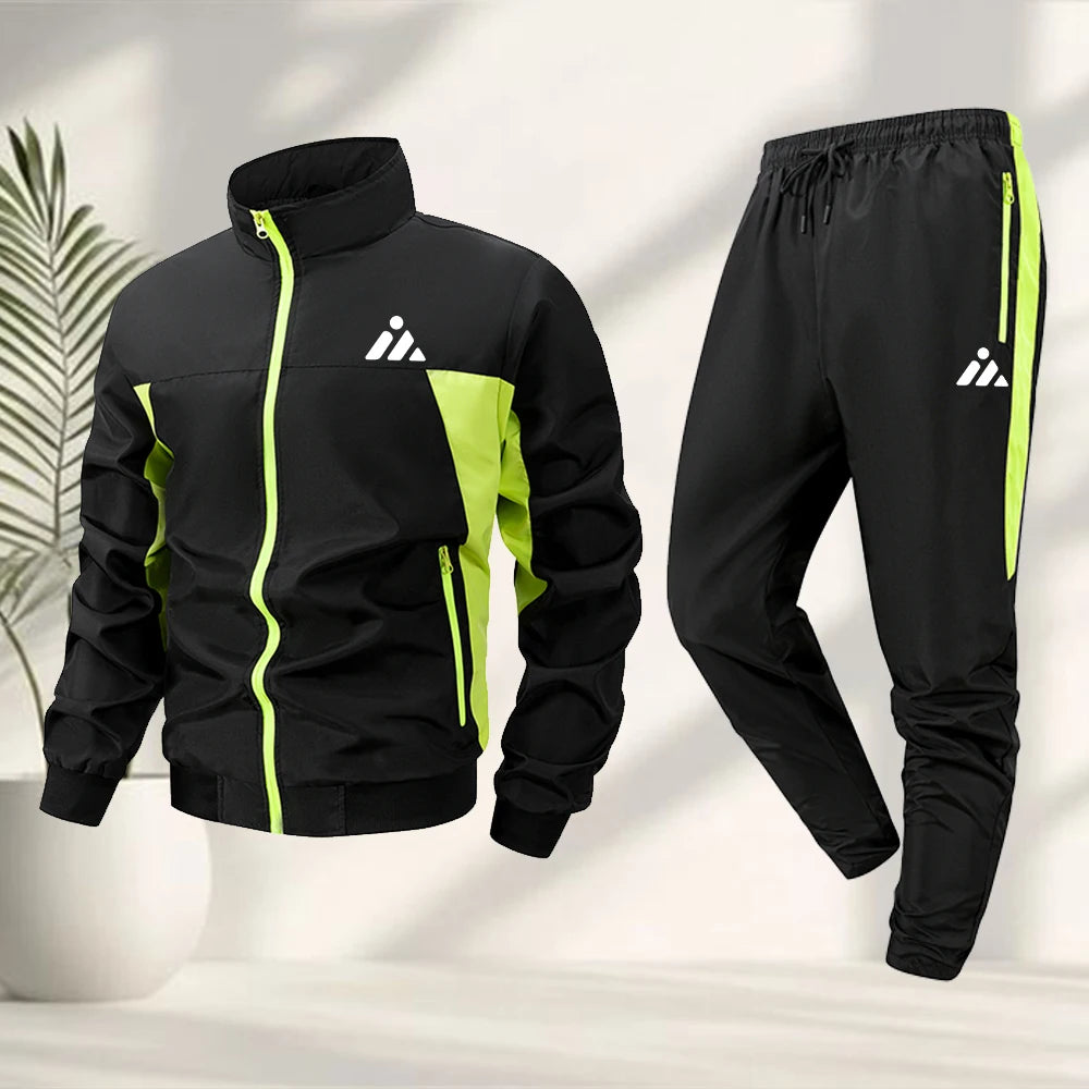 Men's Casual Sports Suit Creative Triangle Print Zipper Jacket With Trousers Summer Fitness Cycling Outdoor And Commute Suit