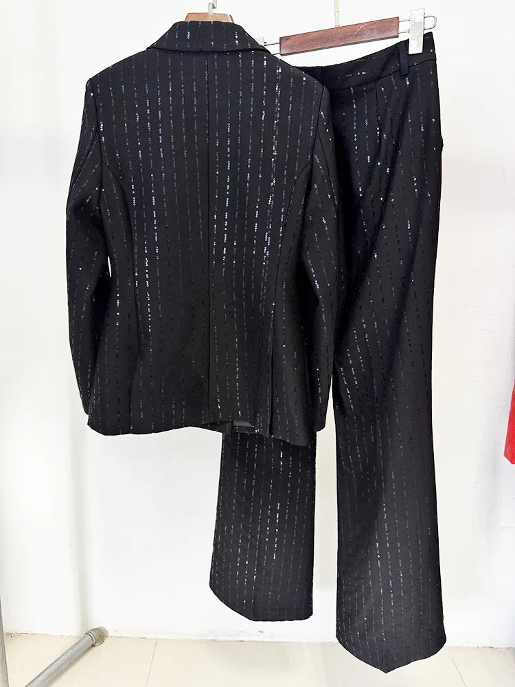 HIGH STREET Newest 2026 Stylish Designer Black Formal Suit Set Women's Bead Sequin Blazer Pants Set 2pcs