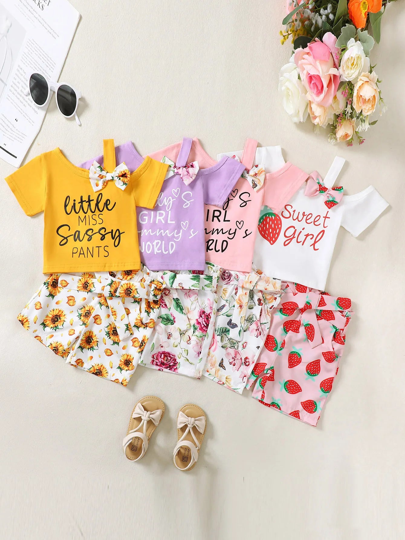 Toddler Baby Girls Clothes T-shirt + Casual Shorts Pants Cute Summer Clothing Set Outfits Halter Slant Shoulder Bow Top