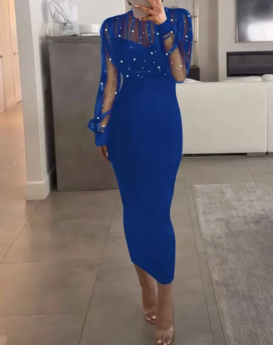 Summer Round Neck Transparent Long Sleeved Solid Color Sequin Dress Dating Versatile Fashionable Sexy Women's Dresses