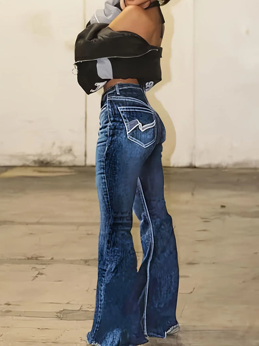 Large Size Blue Embroidered Back Bag Double Button Burr Edge High Waist Bullet Retro Elegant Four Seasons Large Size Jeans