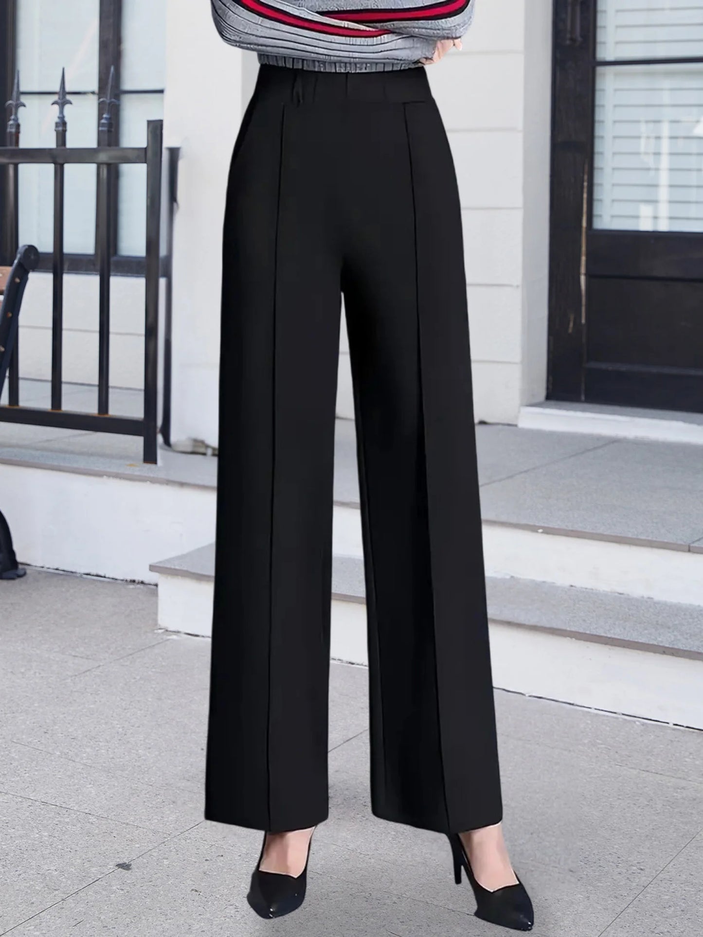 Women s High Waist Straight Leg Pants with Pockets for Business Casual Office Wear - Elastic Waist Dress Trousers