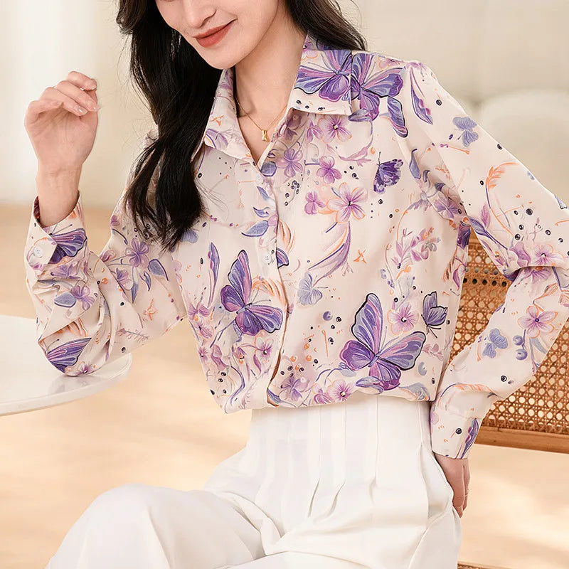 Fashion Korean Casual Women's Long Sleeve Butterfly and Flower Printed Shirt Office Lady Tops