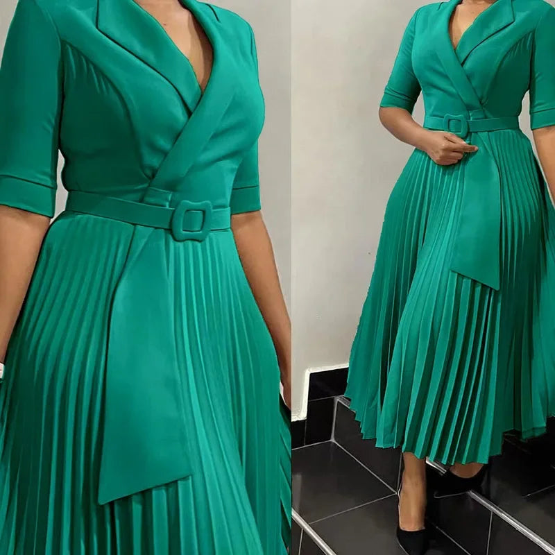 Elegant Office Dresses Pleated for Woman Notched Collar Half Sleeve Belt Waisted Mid Calf Professional Afircan Business New Robe