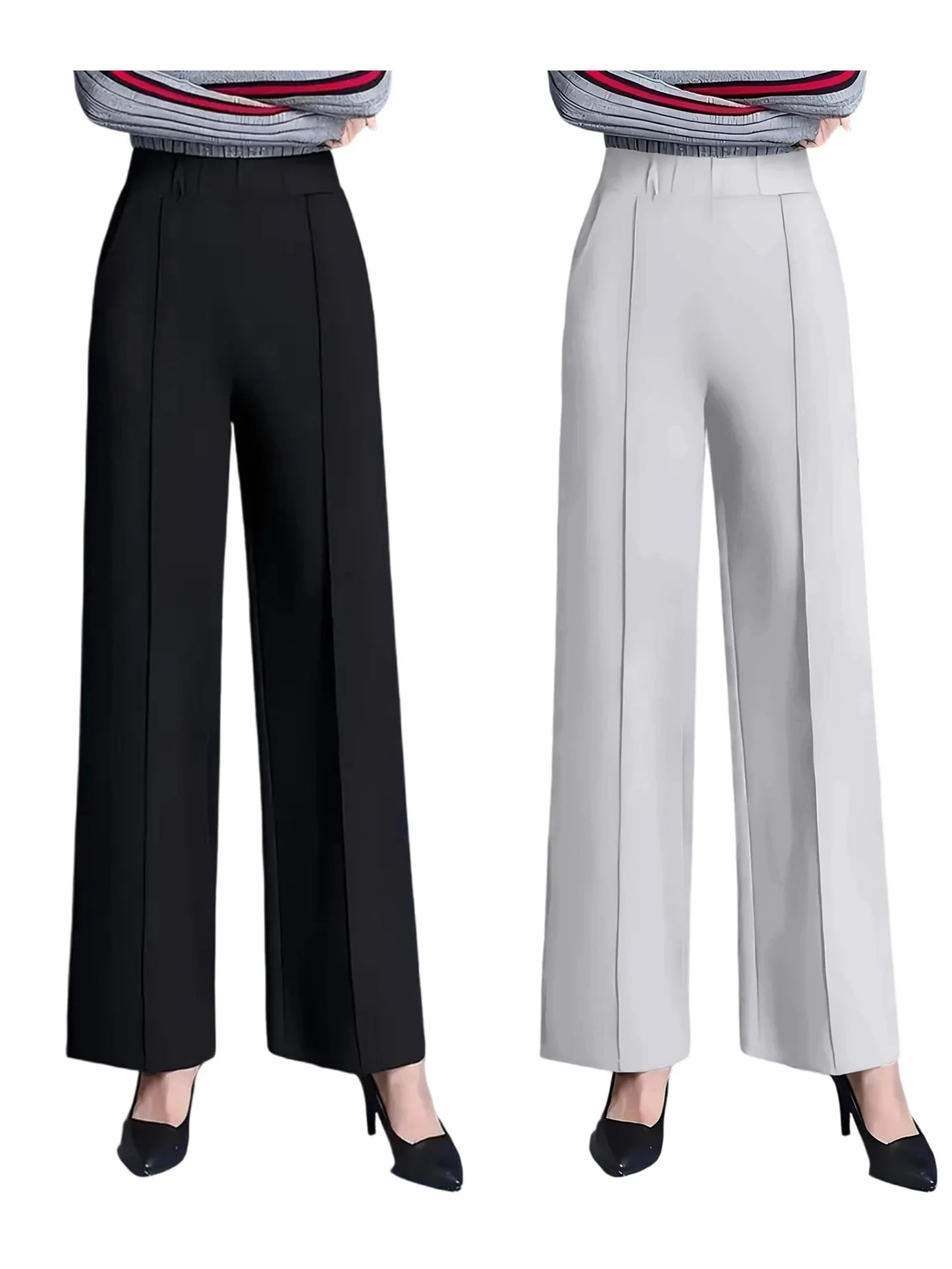 Women s High Waist Straight Leg Pants with Pockets for Business Casual Office Wear - Elastic Waist Dress Trousers