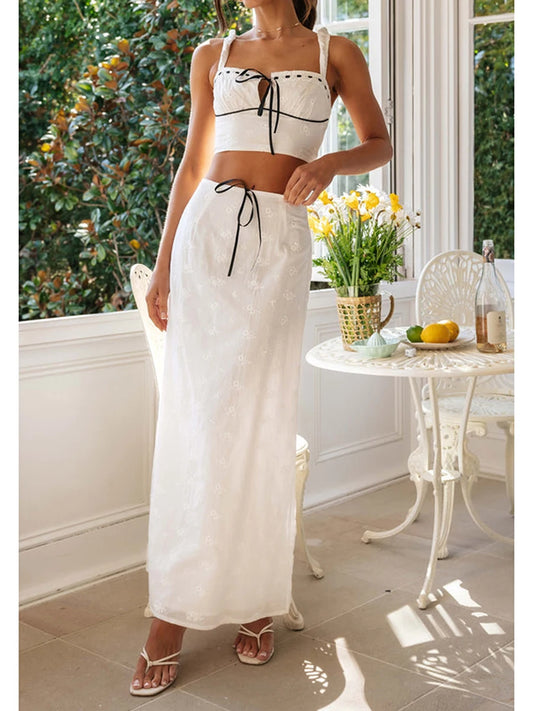 Women’s Summer  Set Embroidered Flower Sleeveless Cami Tops High Waist Black Bows Zipper Long Skirt 2 Pieces Set