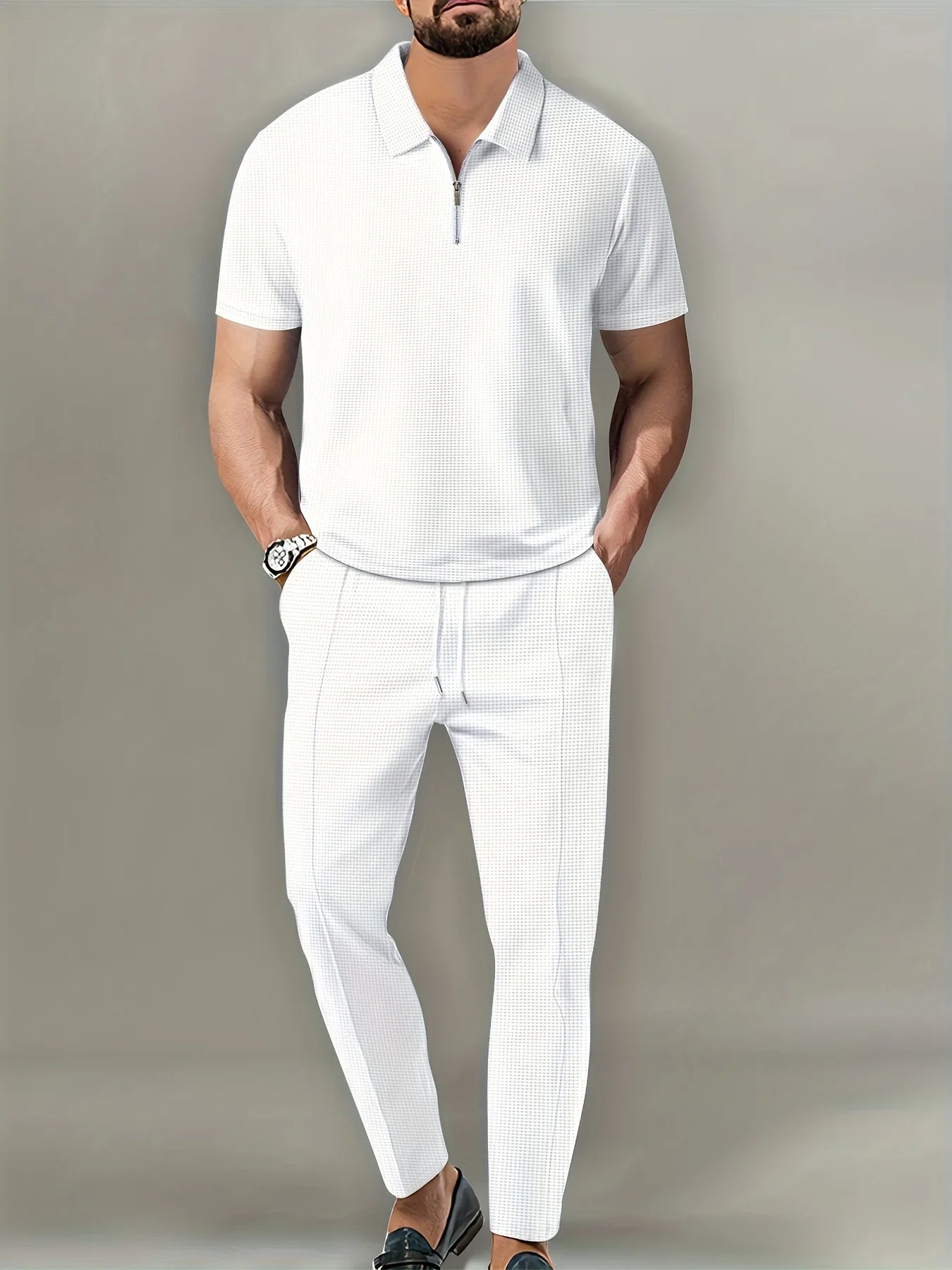 New Men's Solid Color Suit Waffle Lapel Short-sleeved Zipper Long Pants Set - The Best Choice For Casual Wea