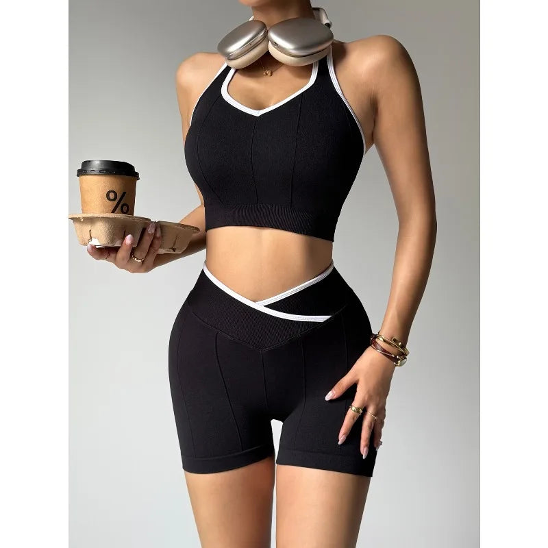 Women Seamless Fitness Yoga Set Outdoor Cycling Set Fashion Cross Waist Sports Leggings Gym Trainning Vest Butt Liftting Shorts