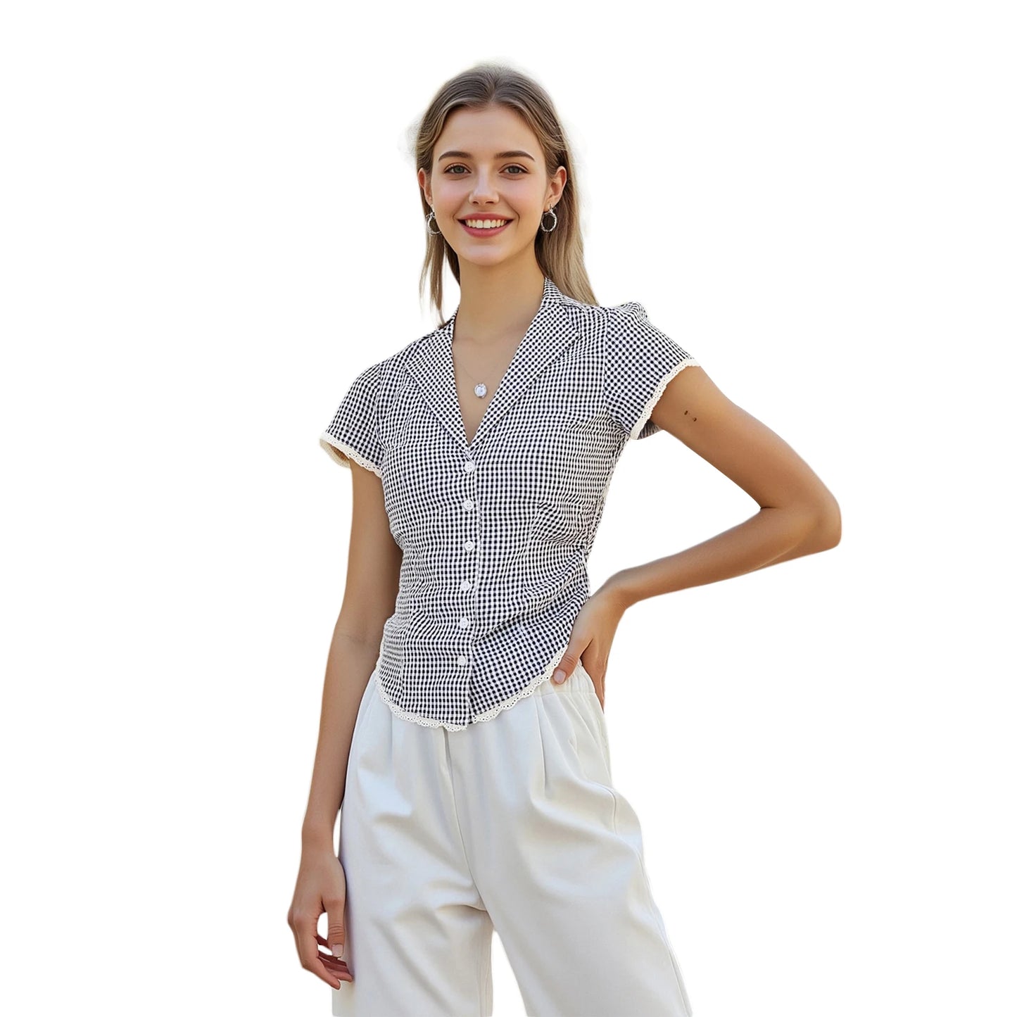 Women s Short Sleeve Plaid Shirt with Lace Trim and Turn Down Collar Button Down Blouse for Summer Casual Wear Streetwear Top