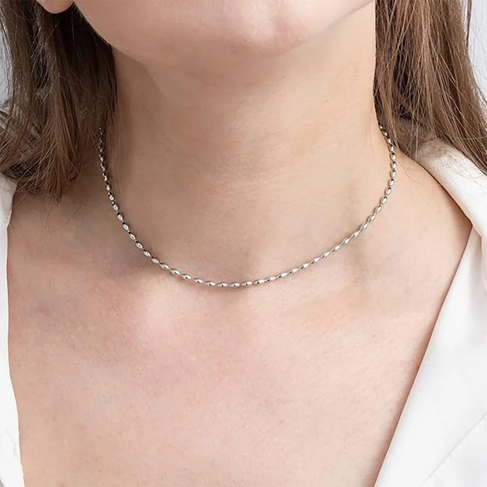 925 Sterling Silver Stacked Rice Grain Olive Beads Chain Necklace for Women Exquisite Simple Collarbone Chain Jewelry Gift USA
