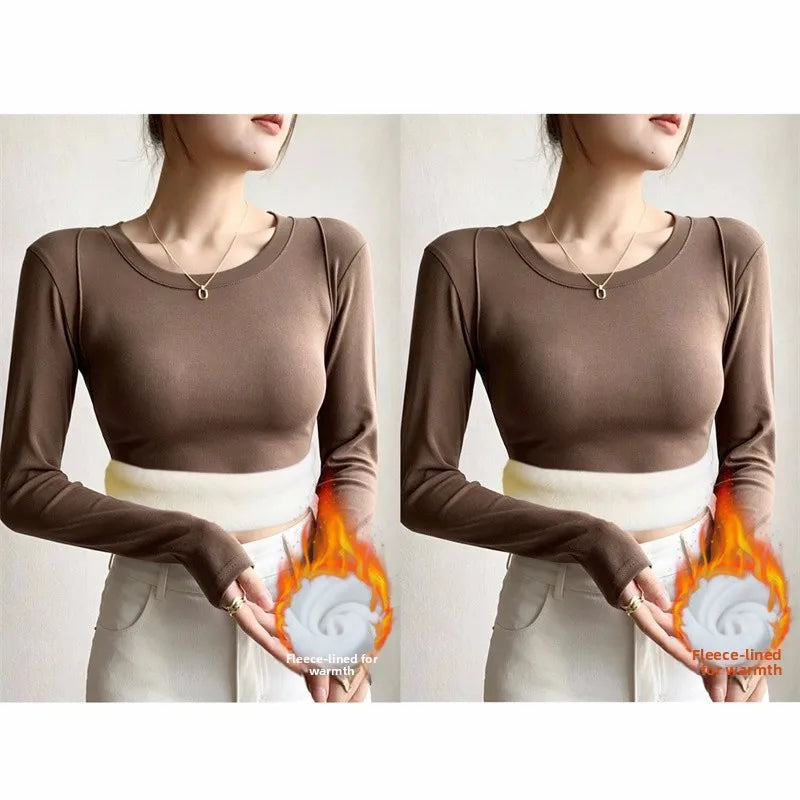 Women's Winter Thickened Long Sleeve Fleece Lined Base Shirt round Neck Warm Top Slim Fit Inner Wear Comfortable Thermal T-shirt