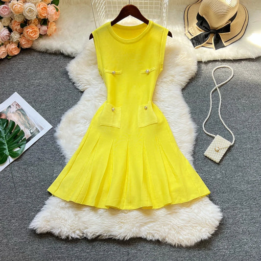 Chic Fashion 2025 Summer Pleated Short Dress Women O-neck Slim Waist A-line Party Dress Streetwear Lady Outfits Vestido