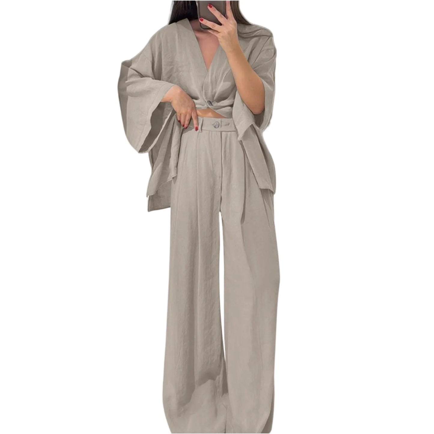 Two Piece Outfits For Women V Neck Button Down Shirt Top And Wide Leg Pants Set Loose Sweatsuits Conjunto Dos Piezas Mujer